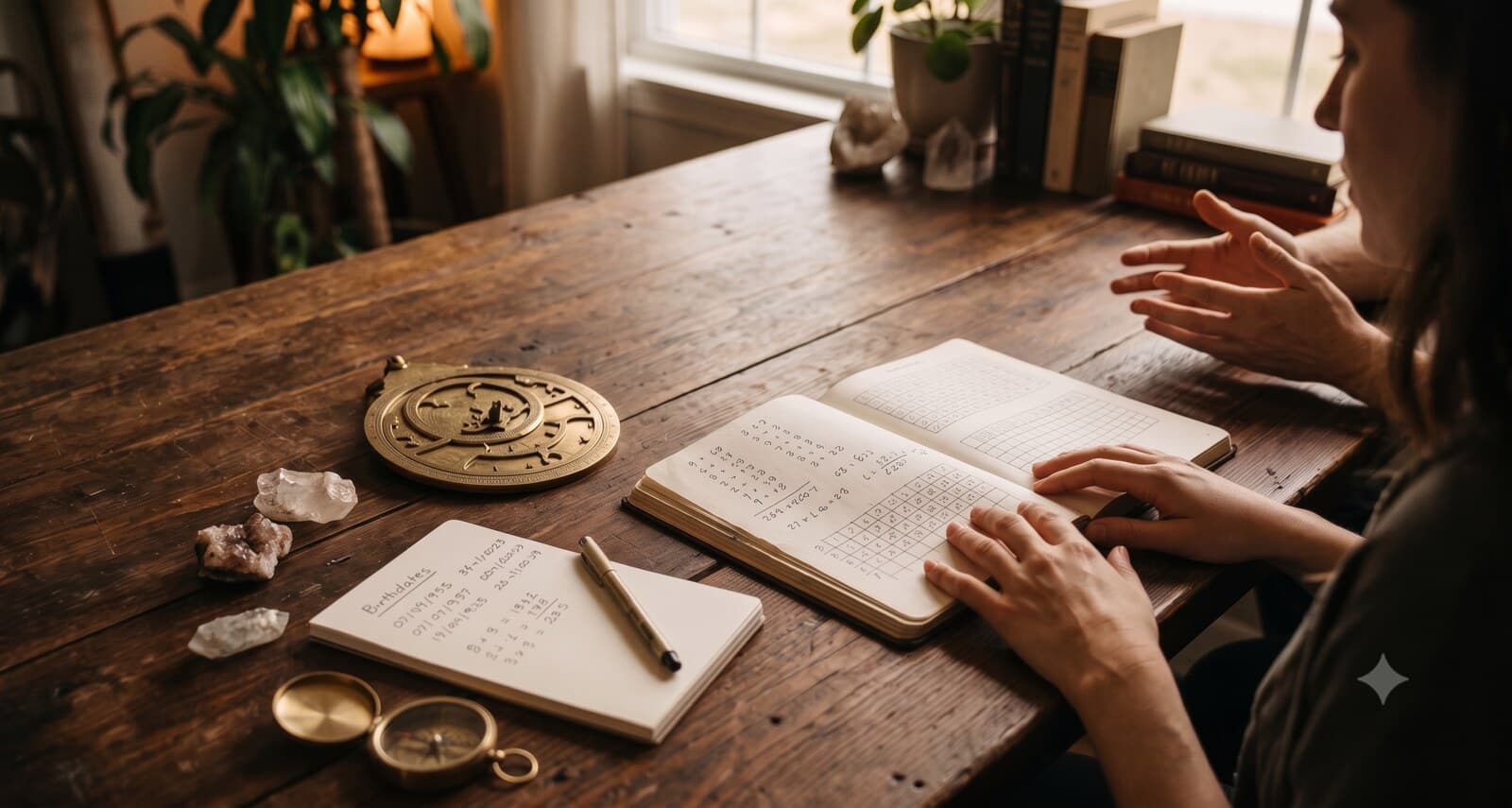 A numerology chart, astrolabe and crystals on a wooden desk