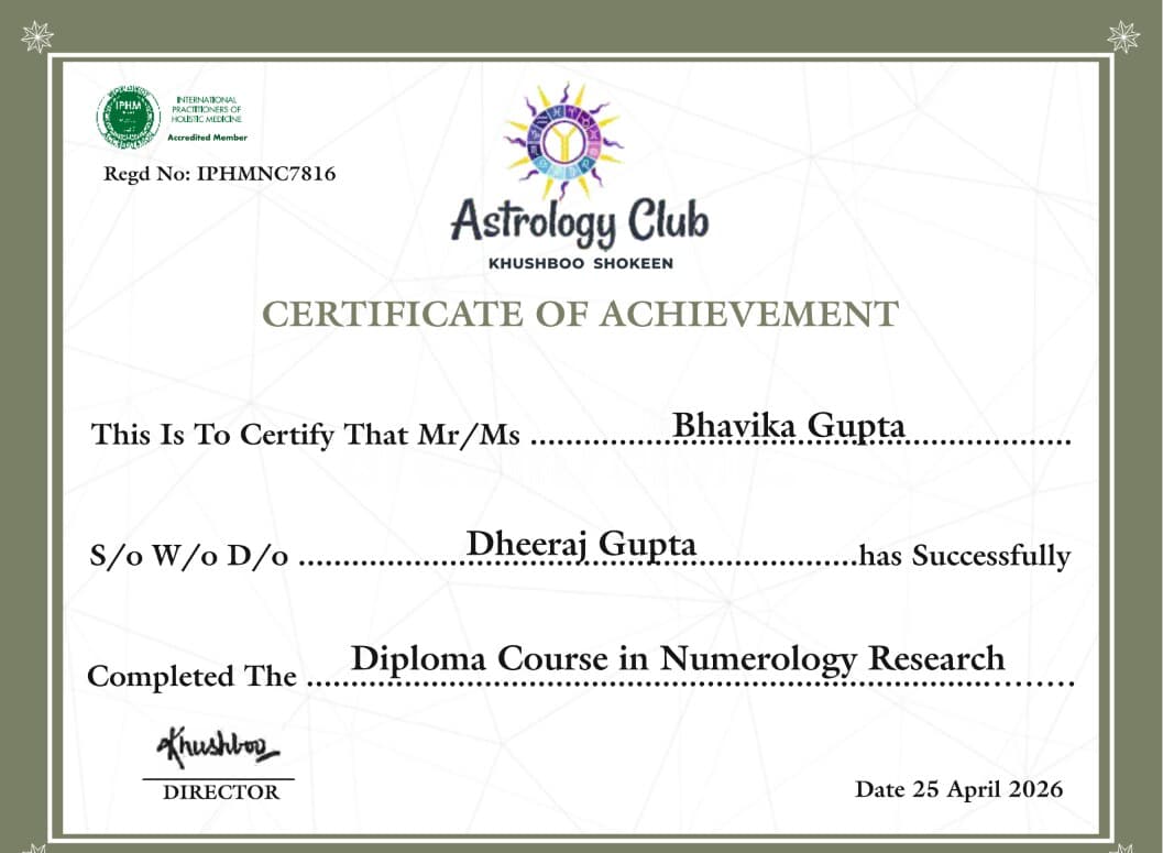 Diploma in Numerology Research certificate